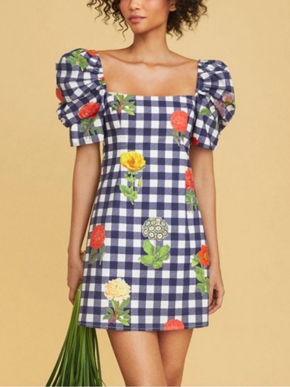 Cara Cara Kelly Gingham Floral Puff-Sleeve Mini Dress Sz S Cottagecore